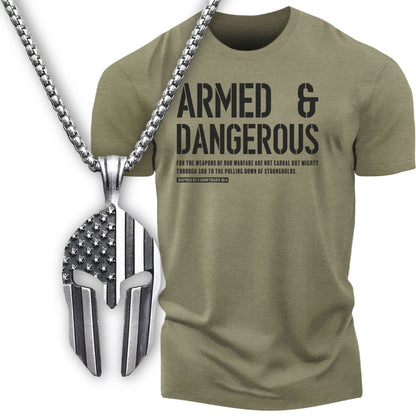 Gift Set for Men Armed and Dangerous Workout Gym Shirt with Spartan Warrior Pendant
