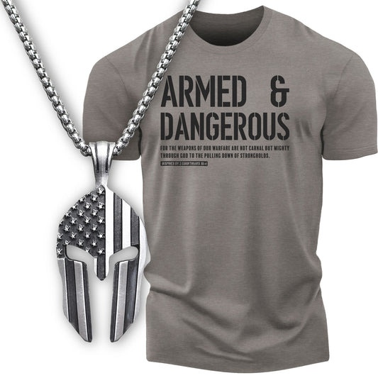 Gift Set for Men Armed and Dangerous Funny Workout Gym T-Shirt with Spartan Warrior Pendant