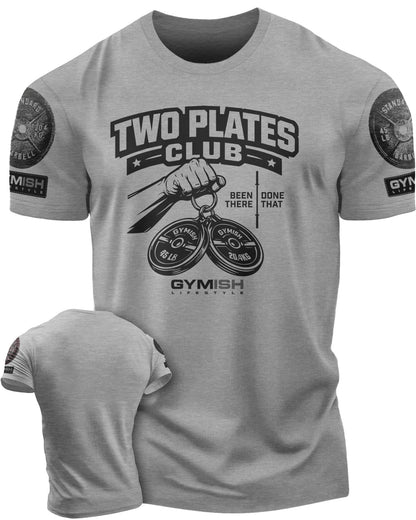 153. Two Plates Funny Motivational Workout Gym T-Shirt for Men T-Shirt Heather Grey with Sleeve Logo T-Shirt GYMISH LIFESTYLE