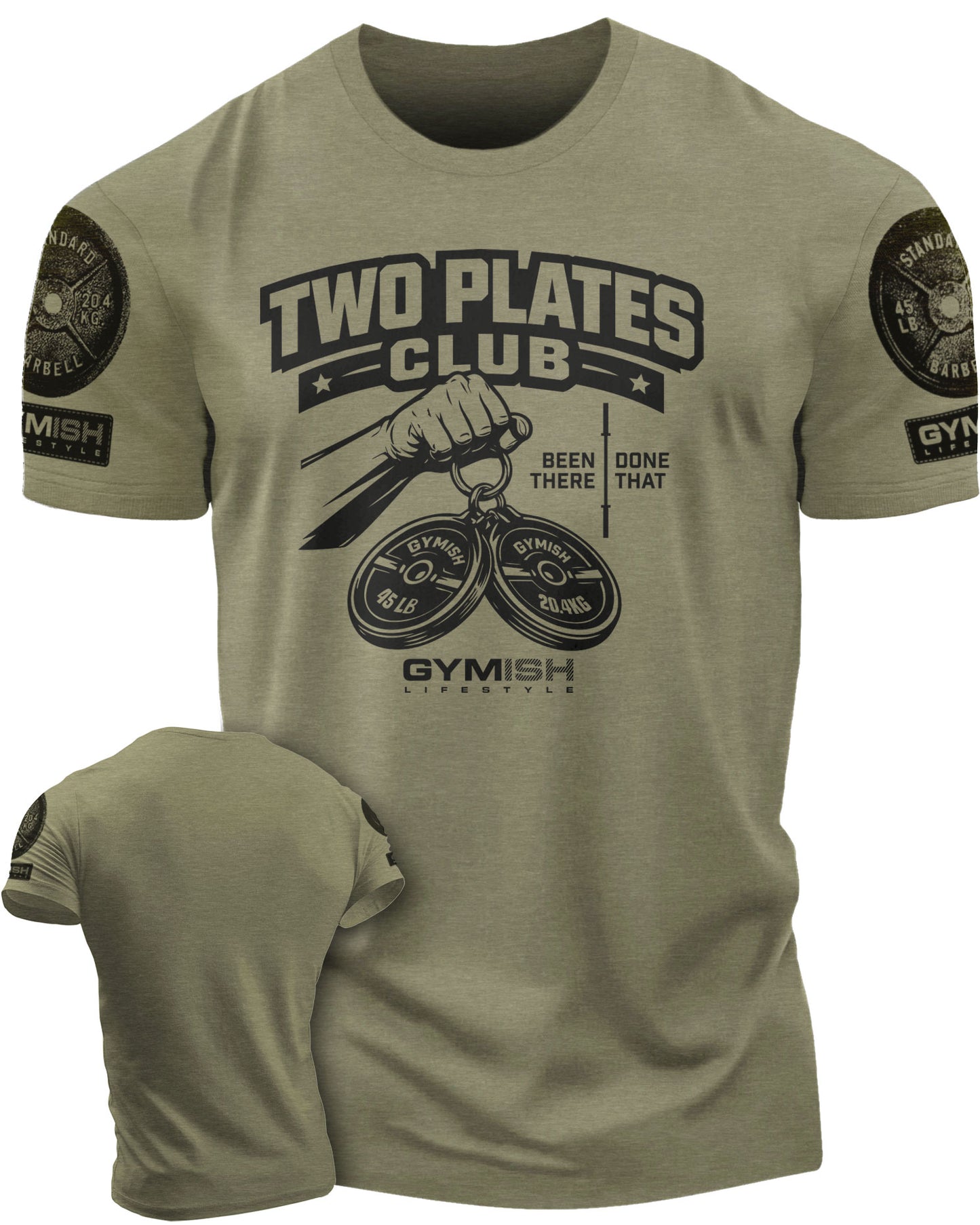153. Two Plates Funny Motivational Workout Gym T-Shirt for Men T-Shirt Military with Sleeve Logo T-Shirt GYMISH LIFESTYLE