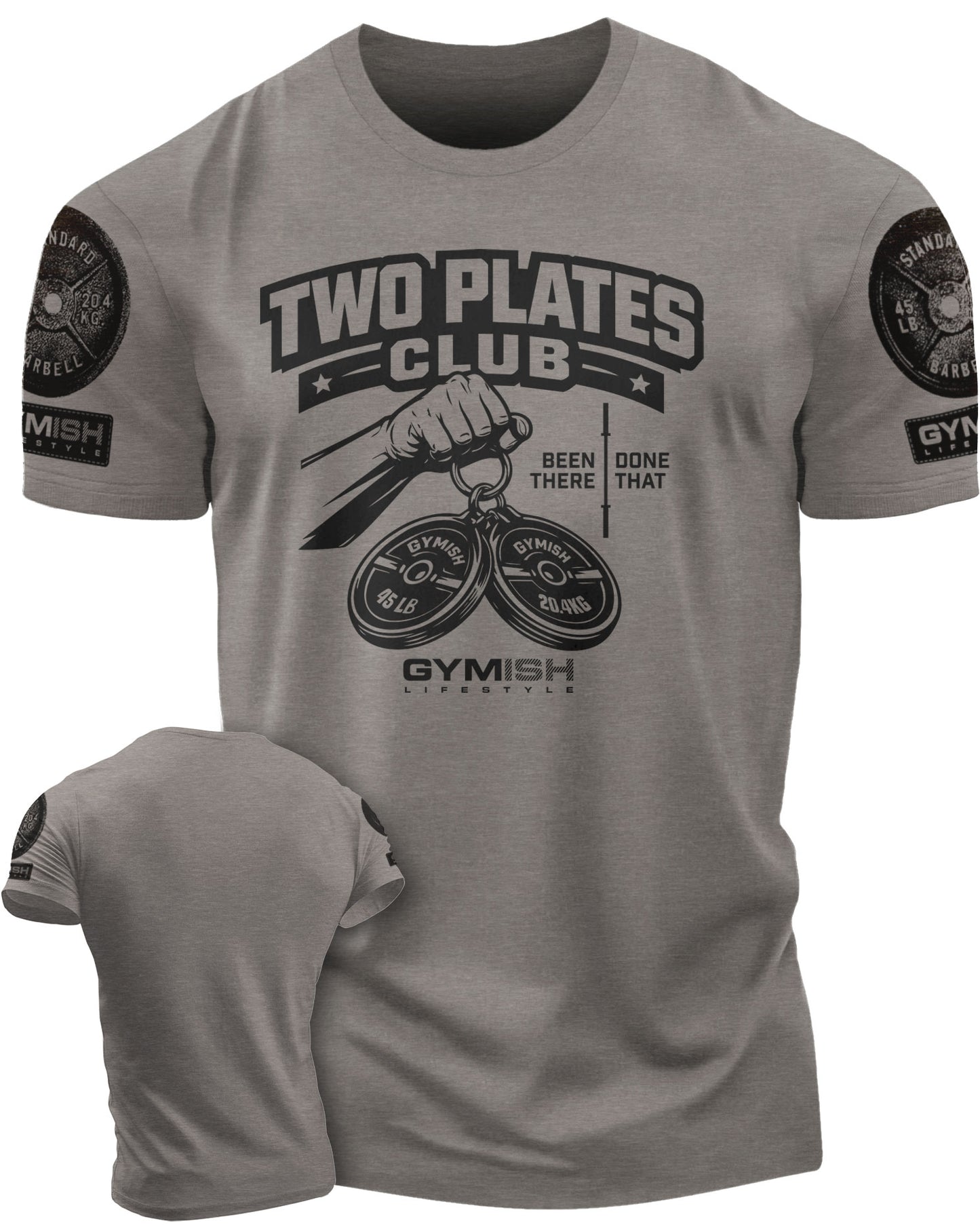 153. Two Plates Funny Motivational Workout Gym T-Shirt for Men T-Shirt Warm Grey with Sleeve Logo T-Shirt GYMISH LIFESTYLE