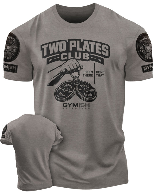 153. Two Plates Funny Motivational Workout Gym T-Shirt for Men T-Shirt Warm Grey with Sleeve Logo T-Shirt GYMISH LIFESTYLE