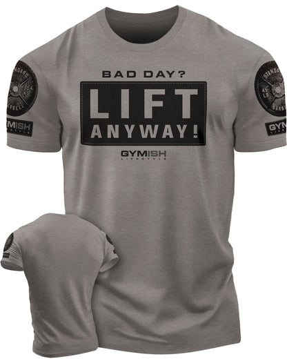 149. Lift Anyway Funny Motivational Workout Gym T-Shirt for Men T-Shirt Warm Grey with Sleeve Logo T-Shirt GYMISH LIFESTYLE