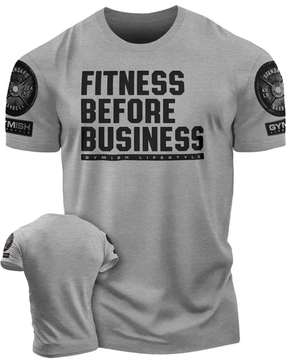 110. Fitness Before Business Funny Motivational Workout Gym T-Shirt for Men T-Shirt Heather Grey with Sleeve Logo T-Shirt GYMISH LIFESTYLE