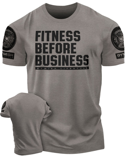 110. Fitness Before Business Funny Motivational Workout Gym T-Shirt for Men T-Shirt Warm Grey with Sleeve Logo T-Shirt GYMISH LIFESTYLE