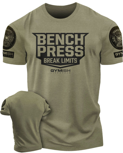 025. Bench Press Funny Motivational Workout Gym T-Shirt for Men T-Shirt Military Green with Sleeve Logo T-Shirt GYMISH LIFESTYLE