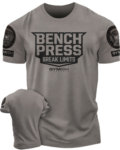 025. Bench Press Funny Motivational Workout Gym T-Shirt for Men T-Shirt Warm Grey with Sleeve Logo T-Shirt GYMISH LIFESTYLE