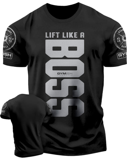 012. Lift Like A Boss Funny Motivational Workout Gym T-Shirt for Men T-Shirt Silver On Black with Sleeve Logo T-Shirt GYMISH LIFESTYLE