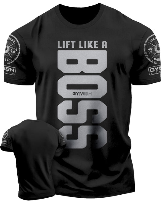 012. Lift Like A Boss Funny Motivational Workout Gym T-Shirt for Men T-Shirt Silver On Black with Sleeve Logo T-Shirt GYMISH LIFESTYLE