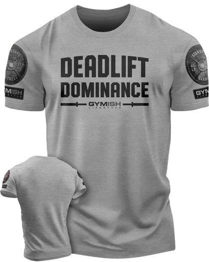 138. Deadlift Dominance Funny Motivational Workout Gym T-Shirt for Men T-Shirt Heather Grey with Sleeve Logo T-Shirt GYMISH LIFESTYLE