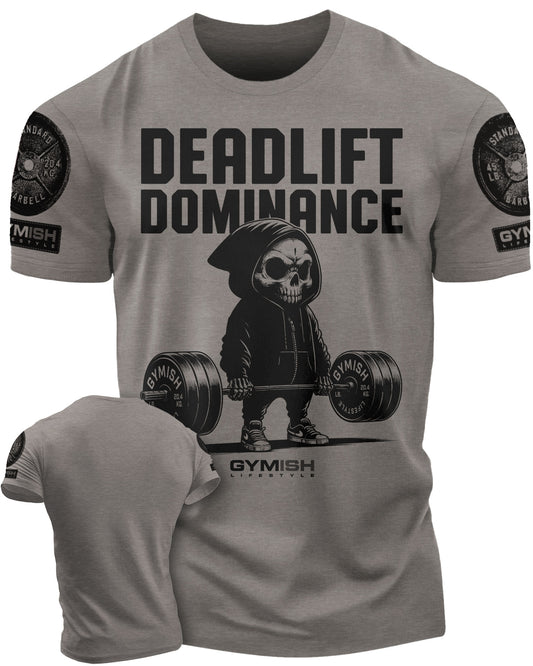 095. Deadlift Dominance Funny Workout Gym T-Shirt For Men T-Shirt Warm Grey with Sleeve Logo T-Shirt GYMISH LIFESTYLE