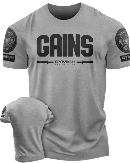 135. Gains Funny Motivational Workout Gym T-Shirt for Men T-Shirt Heather Grey with Sleeve Logo T-Shirt GYMISH LIFESTYLE