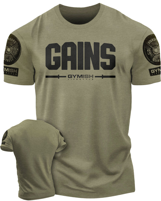 135. Gains Funny Motivational Workout Gym T-Shirt for Men T-Shirt Military with Sleeve Logo T-Shirt GYMISH LIFESTYLE