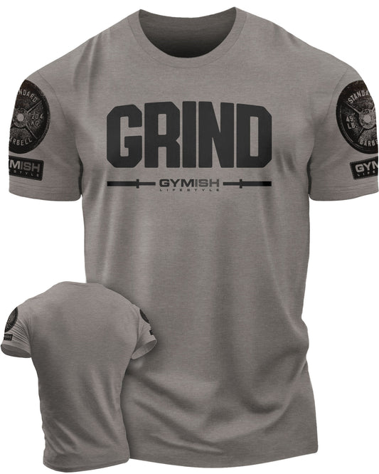 139. Grind Funny Motivational Workout Gym T-Shirt for Men T-Shirt Warm Grey with Sleeve Logo T-Shirt GYMISH LIFESTYLE