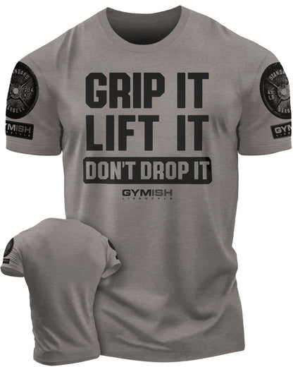 108. Grip It Funny Motivational Workout Gym T-Shirt for Men T-Shirt Warm Grey with Sleeve Logo T-Shirt GYMISH LIFESTYLE