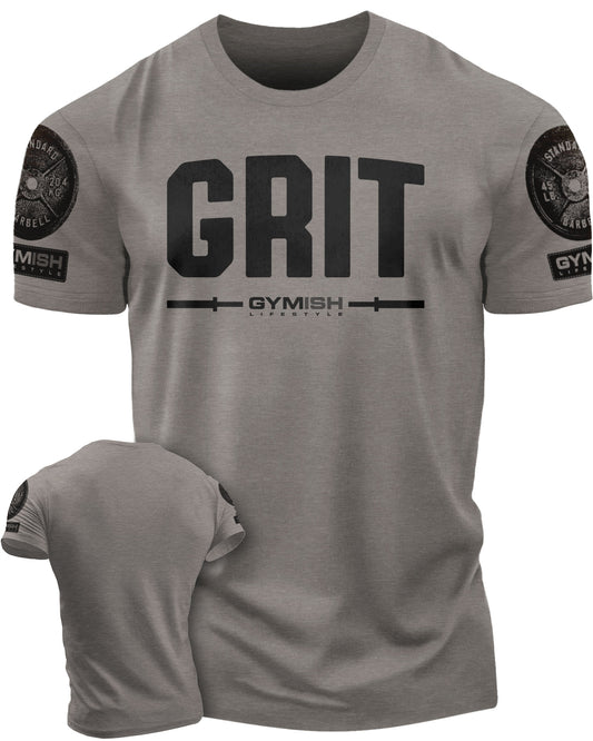 134. Grit Funny Motivational Workout Gym T-Shirt for Men T-Shirt Warm Grey with Sleeve Logo T-Shirt GYMISH LIFESTYLE