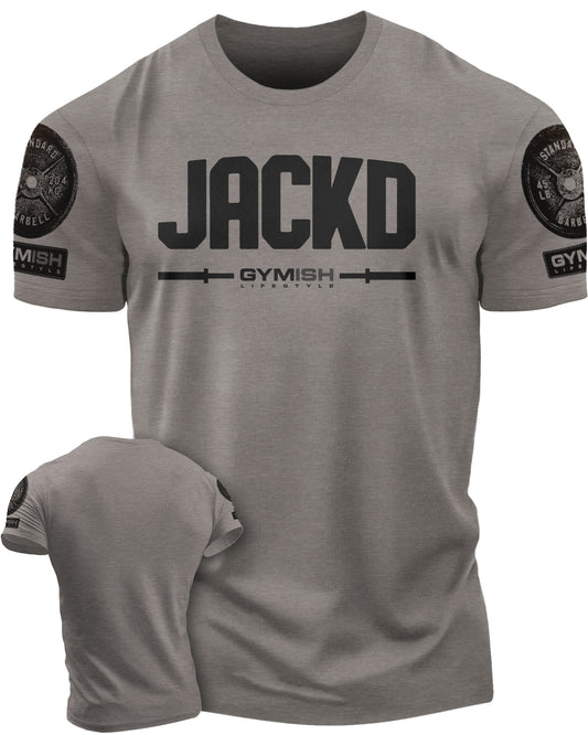 140. Jackd Funny Motivational Workout Gym T-Shirt for Men T-Shirt Warm Grey with Sleeve Logo T-Shirt GYMISH LIFESTYLE