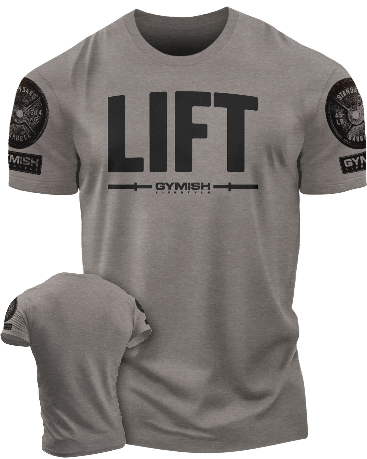 137. Lift Funny Motivational Workout Gym T-Shirt for Men T-Shirt Warm Grey with Sleeve Logo T-Shirt GYMISH LIFESTYLE