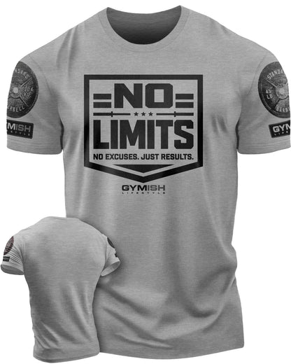 155. No Limits Funny Motivational Workout Gym T-Shirt for Men T-Shirt Heather Grey with Sleeve Logo T-Shirt GYMISH LIFESTYLE