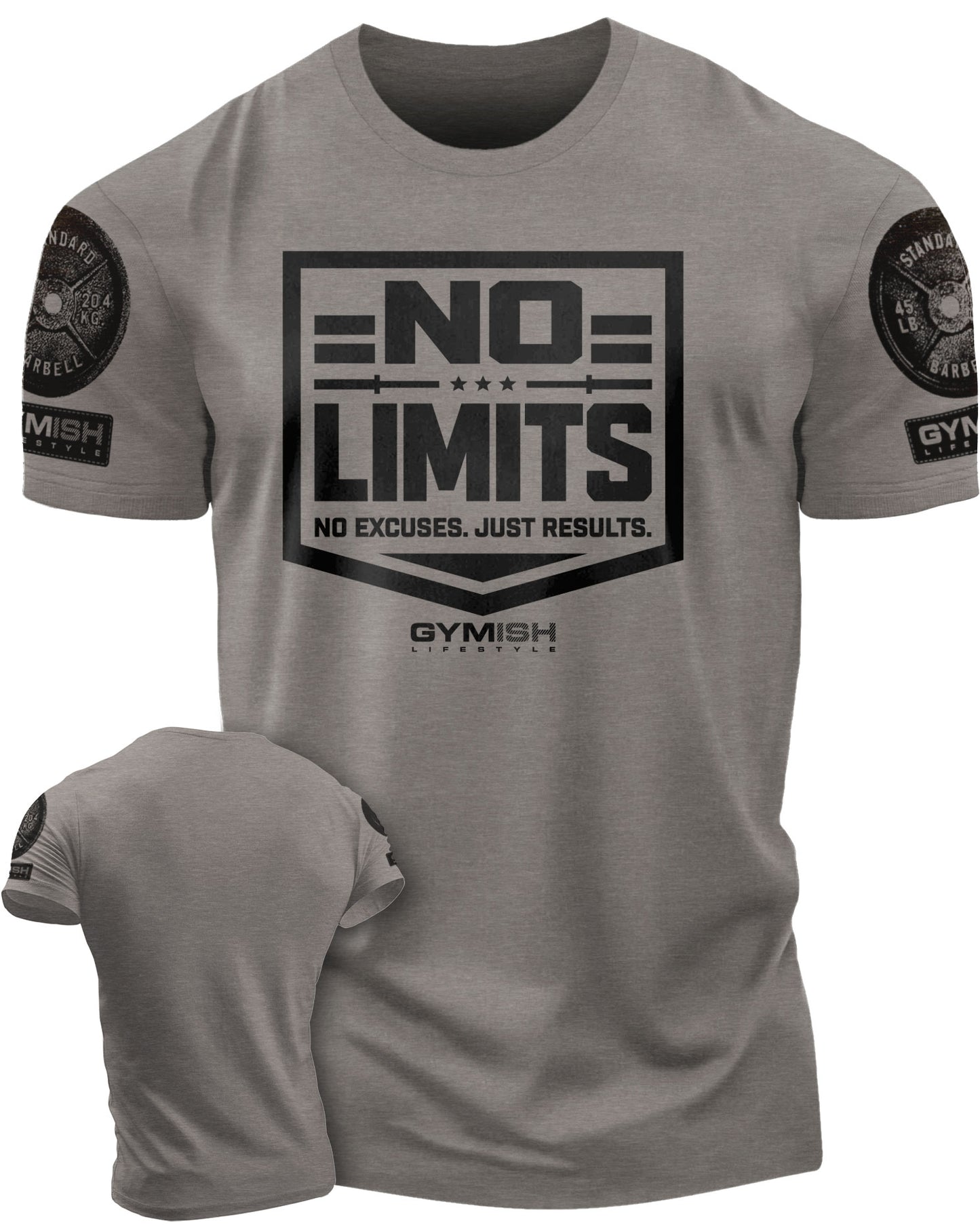 155. No Limits Funny Motivational Workout Gym T-Shirt for Men T-Shirt Warm Grey with Sleeve Logo T-Shirt GYMISH LIFESTYLE