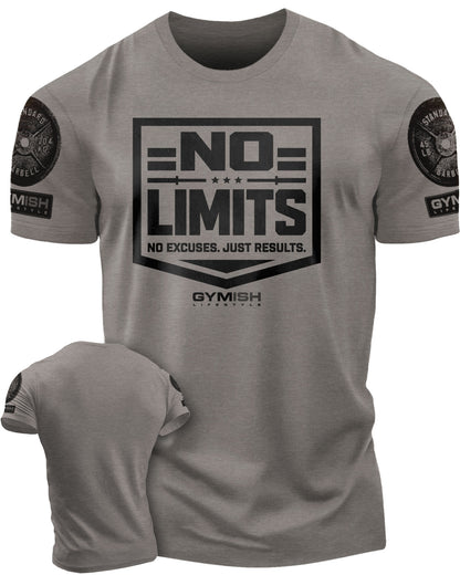 155. No Limits Funny Motivational Workout Gym T-Shirt for Men T-Shirt Warm Grey with Sleeve Logo T-Shirt GYMISH LIFESTYLE