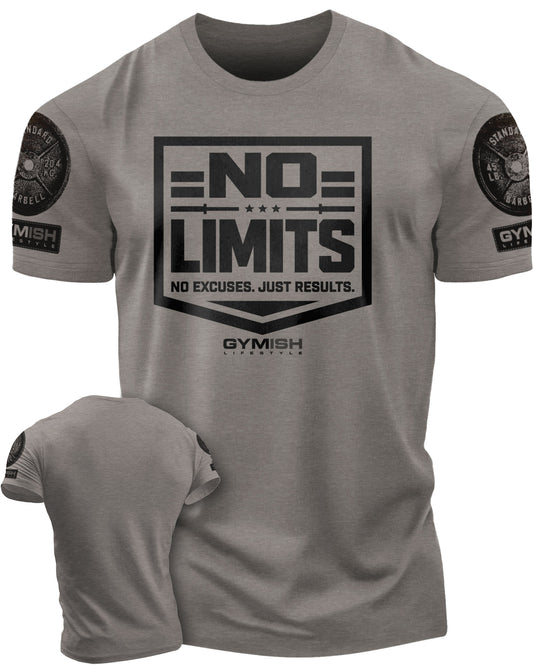 155. No Limits Funny Motivational Workout Gym T-Shirt for Men T-Shirt Warm Grey with Sleeve Logo T-Shirt GYMISH LIFESTYLE