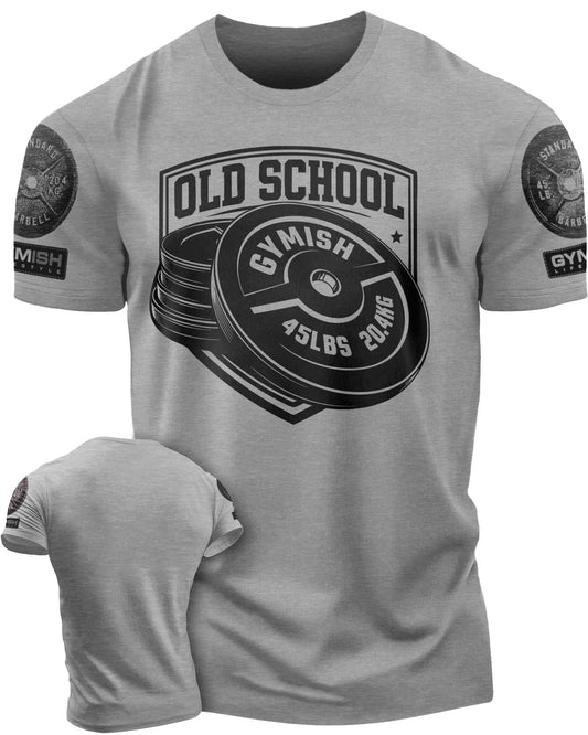 147. Old School Funny Motivational Workout Gym T-Shirt for Men T-Shirt Heather Grey with Sleeve Logo T-Shirt GYMISH LIFESTYLE