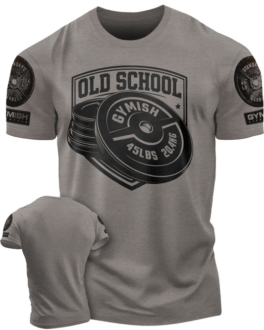 147. Old School Funny Motivational Workout Gym T-Shirt for Men T-Shirt Warm Grey with Sleeve Logo T-Shirt GYMISH LIFESTYLE