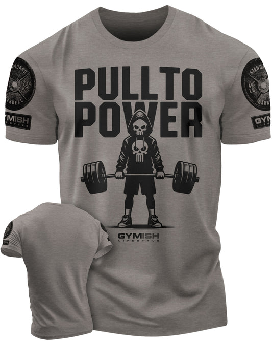 096. PULL TO POWER Funny Workout Gym T-Shirt for Men T-Shirt Warm Grey with Sleeve Logo T-Shirt GYMISH LIFESTYLE