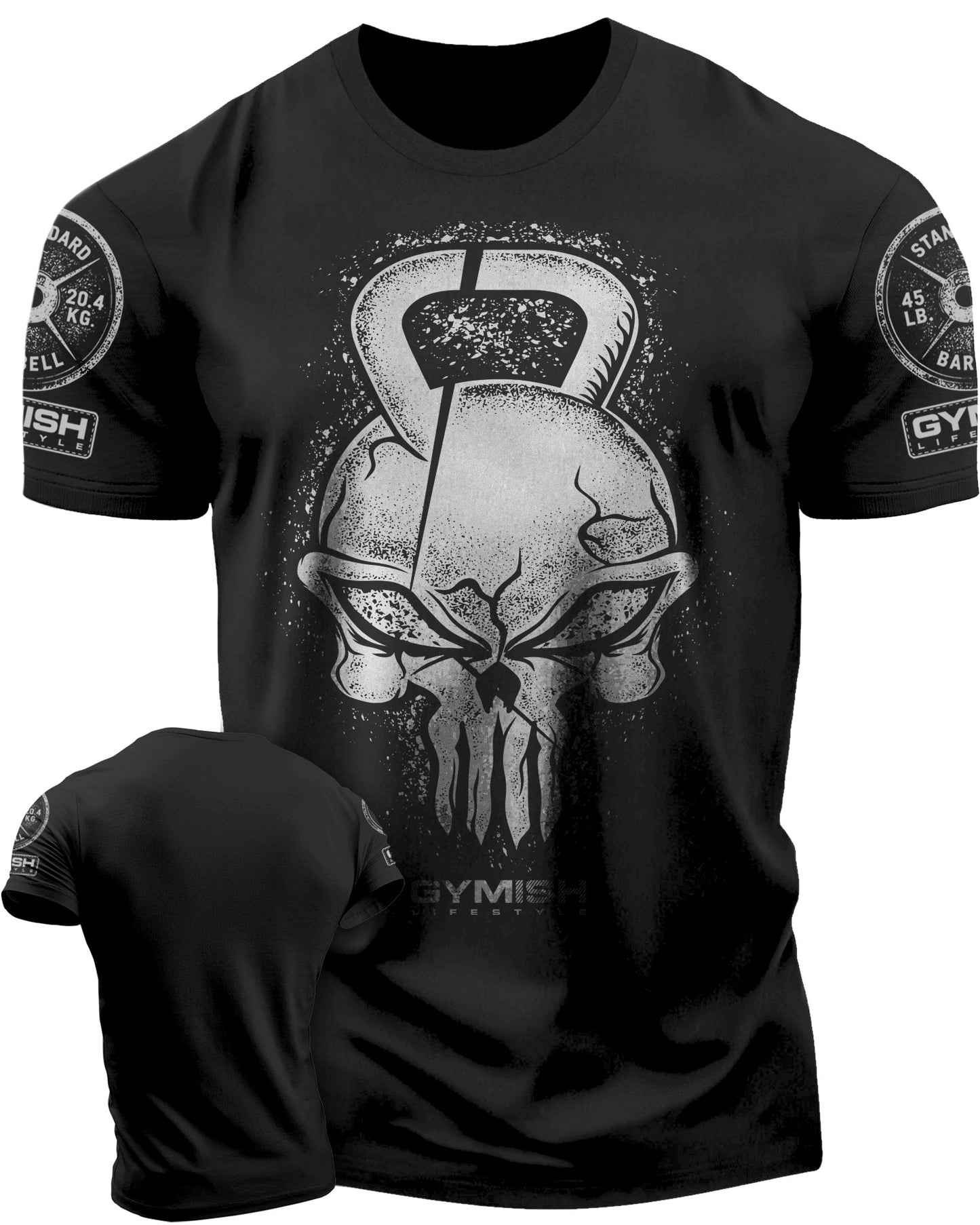 028. Gym Reaper Funny Motivational Workout Gym T-Shirt for Men T-Shirt Silver On Black with Sleeve Logo T-Shirt GYMISH LIFESTYLE