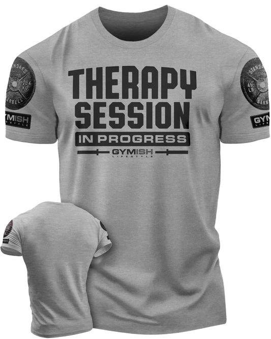 128. Therapy Session Funny Motivational Workout Gym T-Shirt for Men T-Shirt Heather Grey with Sleeve Logo T-Shirt GYMISH LIFESTYLE