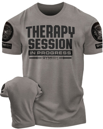 128. Therapy Session Funny Motivational Workout Gym T-Shirt for Men T-Shirt Warm Grey with Sleeve Logo T-Shirt GYMISH LIFESTYLE