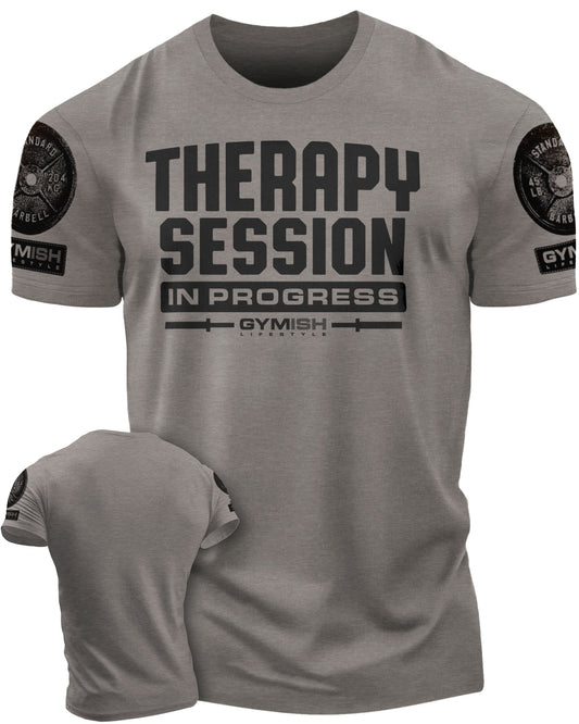 128. Therapy Session Funny Motivational Workout Gym T-Shirt for Men T-Shirt Warm Grey with Sleeve Logo T-Shirt GYMISH LIFESTYLE