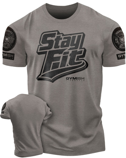 131. Stay Fit Funny Motivational Workout Gym T-Shirt for Men T-Shirt Warm Grey with Sleeve Logo T-Shirt GYMISH LIFESTYLE