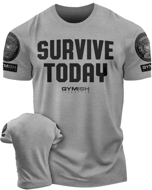 120. Survive Today Funny Motivational Workout Gym T-Shirt for Men T-Shirt Heather Grey with Sleeve Logo T-Shirt GYMISH LIFESTYLE