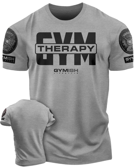 129. Gym Therapy V2 Funny Motivational Workout Gym T-Shirt for Men T-Shirt Heather Grey with Sleeve Logo T-Shirt GYMISH LIFESTYLE