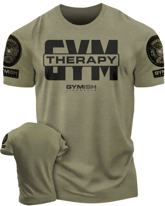 129. Gym Therapy V2 Funny Motivational Workout Gym T-Shirt for Men T-Shirt Military with Sleeve Logo T-Shirt GYMISH LIFESTYLE