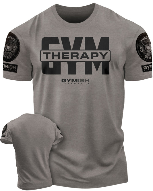 129. Gym Therapy V2 Funny Motivational Workout Gym T-Shirt for Men T-Shirt Warm Grey with Sleeve Logo T-Shirt GYMISH LIFESTYLE