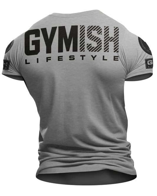 091. Gymish Lifestyle Back design Funny Workout Gym T-Shirt for Men T-Shirt Heather Grey with Sleeve Logo T-Shirt GYMISH LIFESTYLE