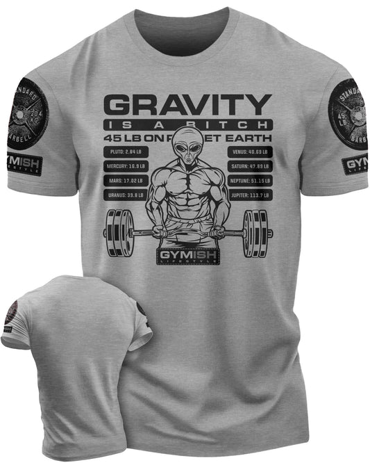 104. Defy Gravity Funny Workout Gym T-Shirt for Men T-Shirt Heather Grey with Sleeve Logo T-Shirt GYMISH LIFESTYLE