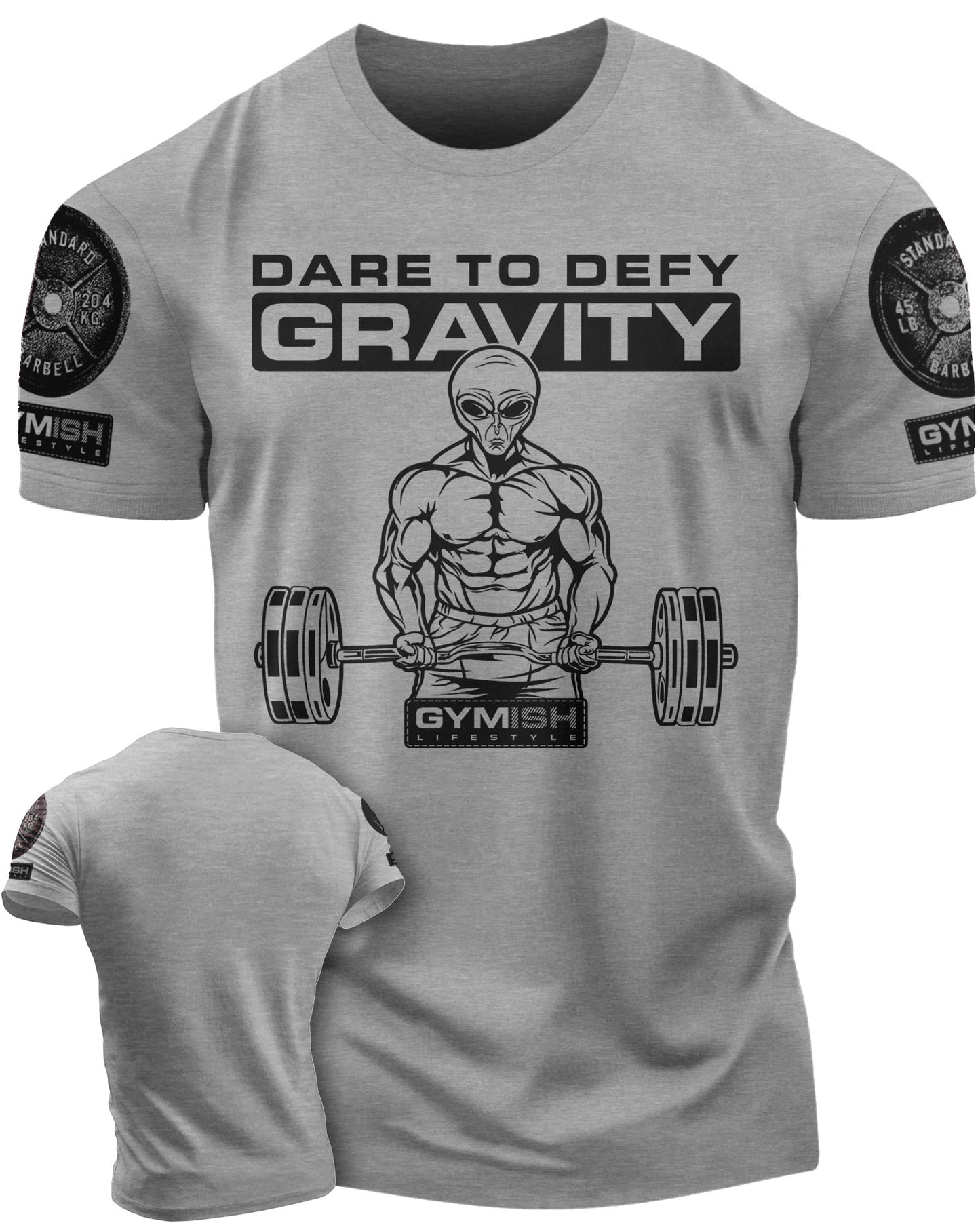 104a. Dare To Defy Gravity Funny Workout Gym T-Shirt for Men T-Shirt Heather Grey with Sleeve Logo T-Shirt GYMISH LIFESTYLE