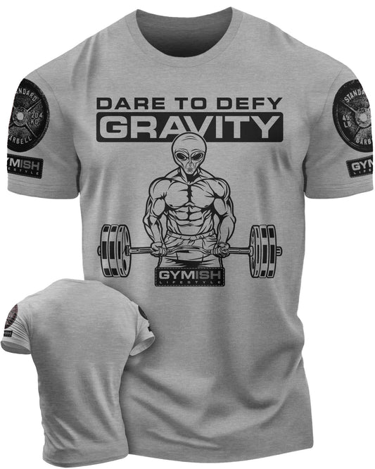 104a. Dare To Defy Gravity Funny Workout Gym T-Shirt for Men T-Shirt Heather Grey with Sleeve Logo T-Shirt GYMISH LIFESTYLE