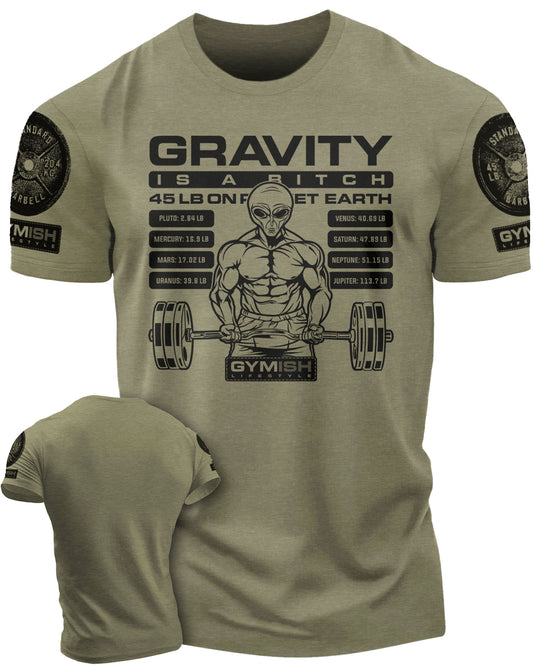 104. Defy Gravity Funny Workout Gym T-Shirt for Men T-Shirt Military Green with Sleeve Logo T-Shirt GYMISH LIFESTYLE