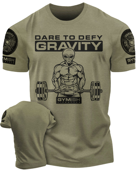 104a. Dare To Defy Gravity Funny Workout Gym T-Shirt for Men T-Shirt Military Green with Sleeve Logo T-Shirt GYMISH LIFESTYLE