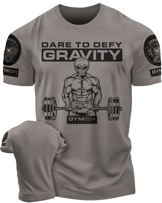 104a. Dare To Defy Gravity Funny Workout Gym T-Shirt for Men T-Shirt Warm Grey with Sleeve Logo T-Shirt GYMISH LIFESTYLE