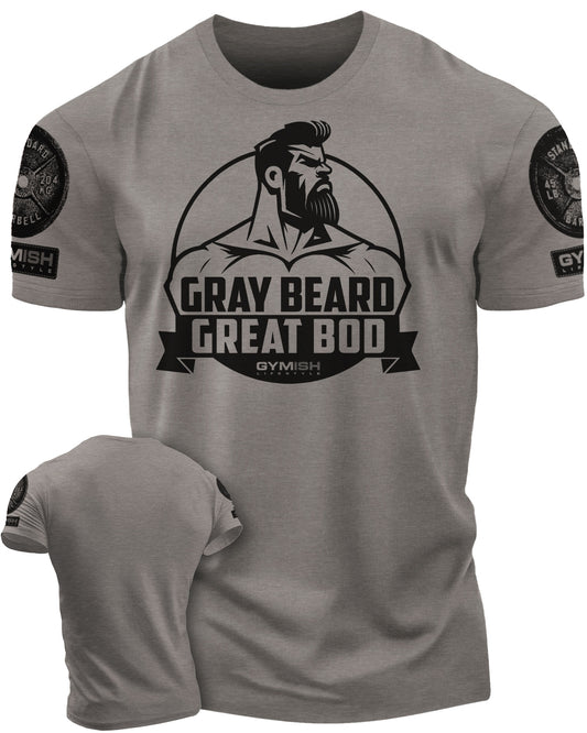 084. Gray Beard Great Bod Funny Workout Gym T-Shirt for Men T-Shirt Warm Grey with Sleeve Logo T-Shirt GYMISH LIFESTYLE