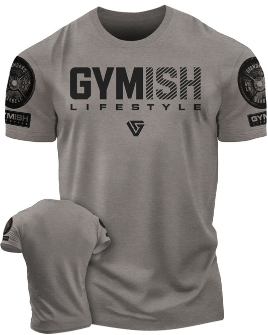 047. Gymish Lifestyle Funny Motivational Workout Gym T-Shirt for Men T-Shirt Warm Grey with Sleeve Logo T-Shirt GYMISH LIFESTYLE