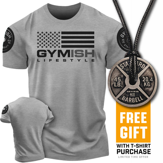 SPECIAL OFFER! American Flag Gymish T-Shirt + Weight Plate Necklace T-Shirt Heather Grey with Sleeve Logo T-Shirt GYMISH LIFESTYLE