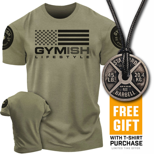 SPECIAL OFFER! American Flag Gymish T-Shirt + Weight Plate Necklace T-Shirt Military Green with Sleeve Logo T-Shirt GYMISH LIFESTYLE