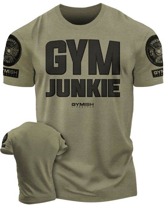 GYMISH Gym Junkie Funny Workout Gym T-Shirt for Men T-Shirt Military Green with Sleeve Logo T-Shirt GYMISH LIFESTYLE